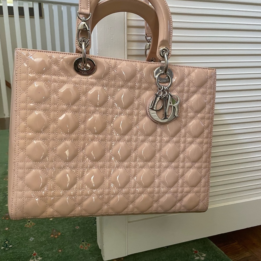 ***SOLD***Dior Lady Dior large tan patent leather bag. Estimated retail $5900.